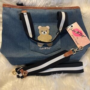 Luv Betsy Denim Tote with Embroidery Bear Design & Adjustable Strap
